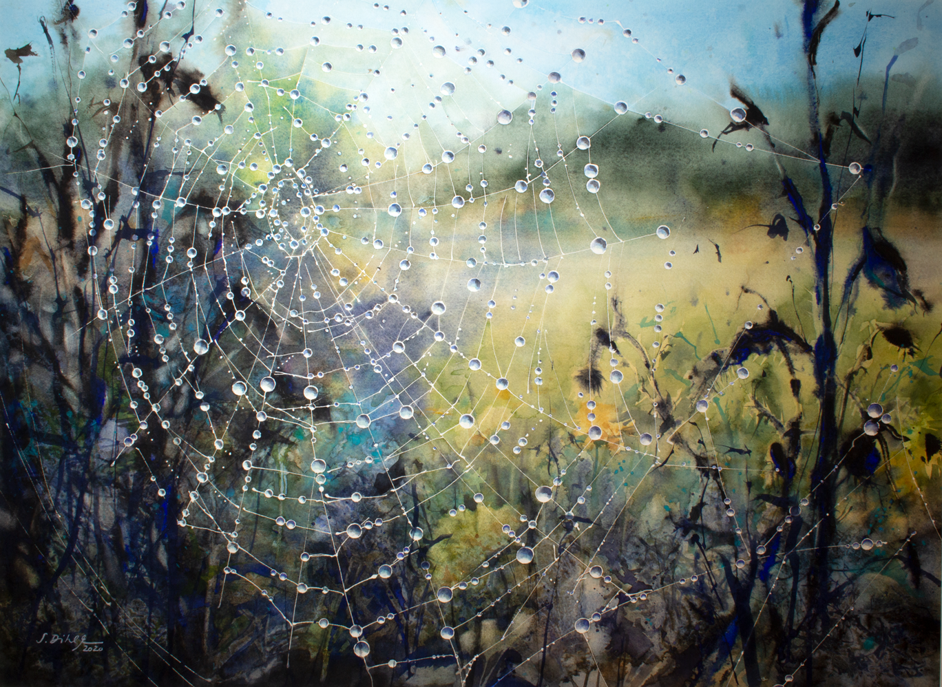 Aquarell einer Herbststimmung mit Tautropfen in einem Spinnennetz