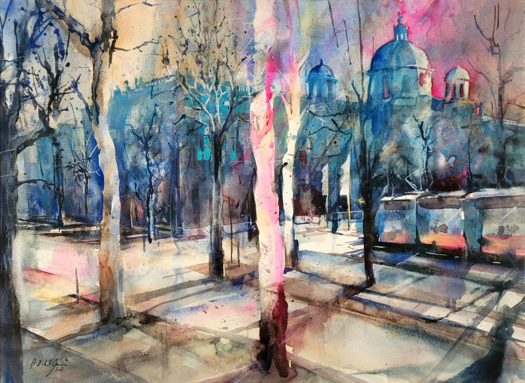 Aquarell „Bäume vor dem Kunsthistorischen Museum, Wien”