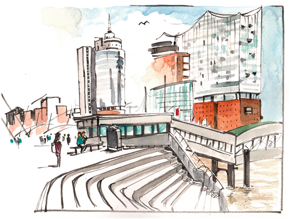 Urban Sketch von Stefanie Dihlmann-Mazza an den Landungsbrücken mit Blick auf die Elbphilharmonie in Hamburg