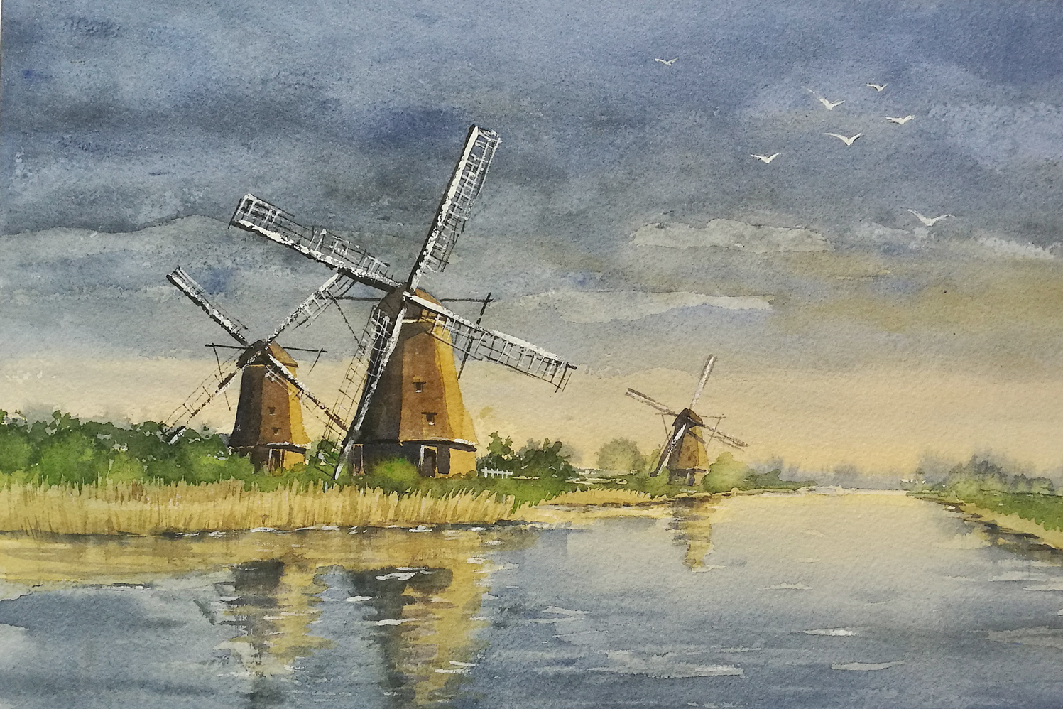 Aquarell von Windmühlen nahe Rotterdam 02