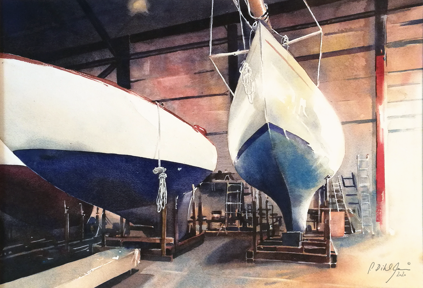 Aquarell mit Segelbooten in einer Bootshalle